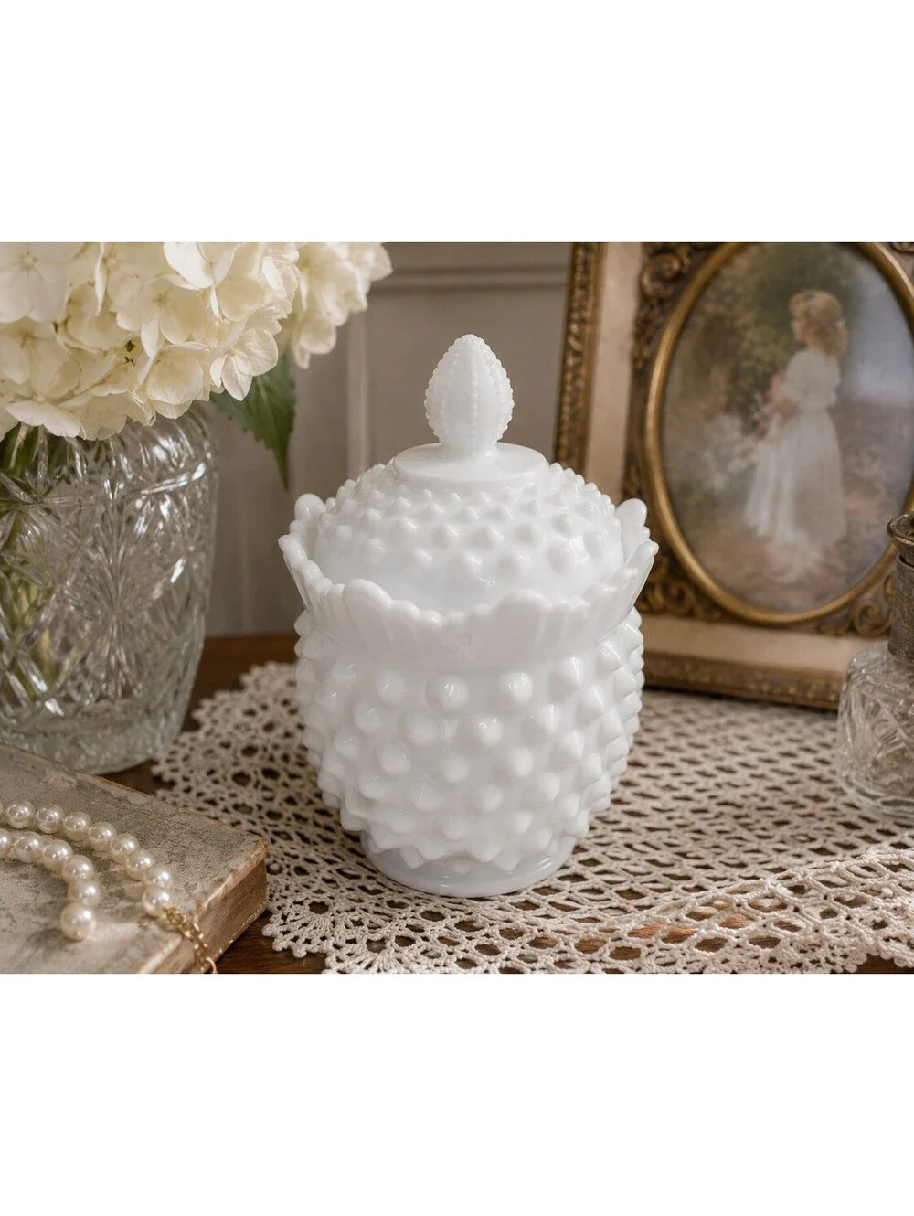 Vintage Fenton White Milk Glass Hobnail Lidded Jar with Finial MCM